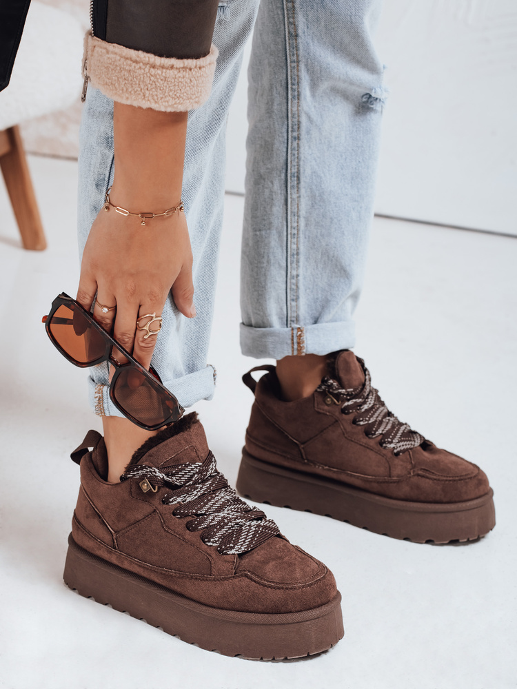 Sneakersy damskie z futerkiem na platformie brązowe Dstreet