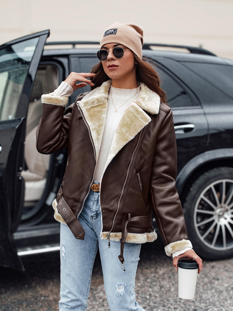 Women's NORFDIMA leather jacket with fur - coffee Dstreet