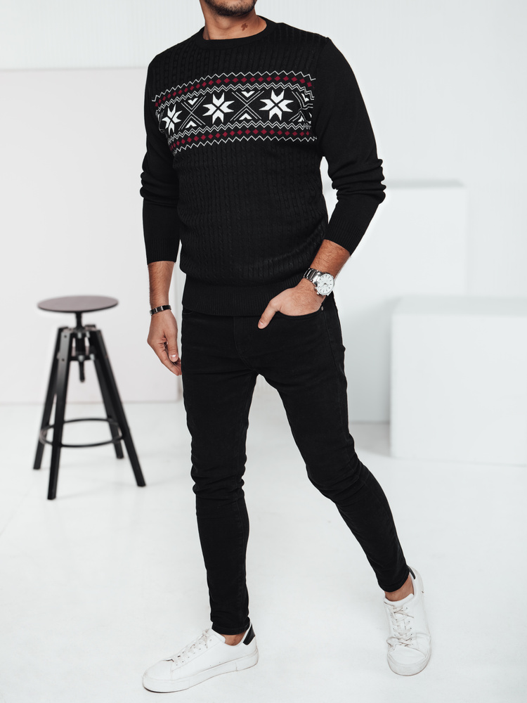 Sweter męski w śnieżynki czarny Dstreet