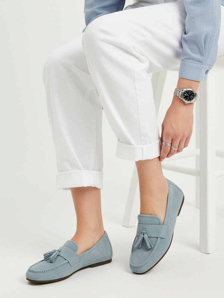 Dámské modré mokasíny s ozdobou