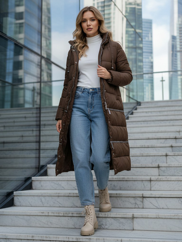 Дамско кафяво зимно яке с качулка