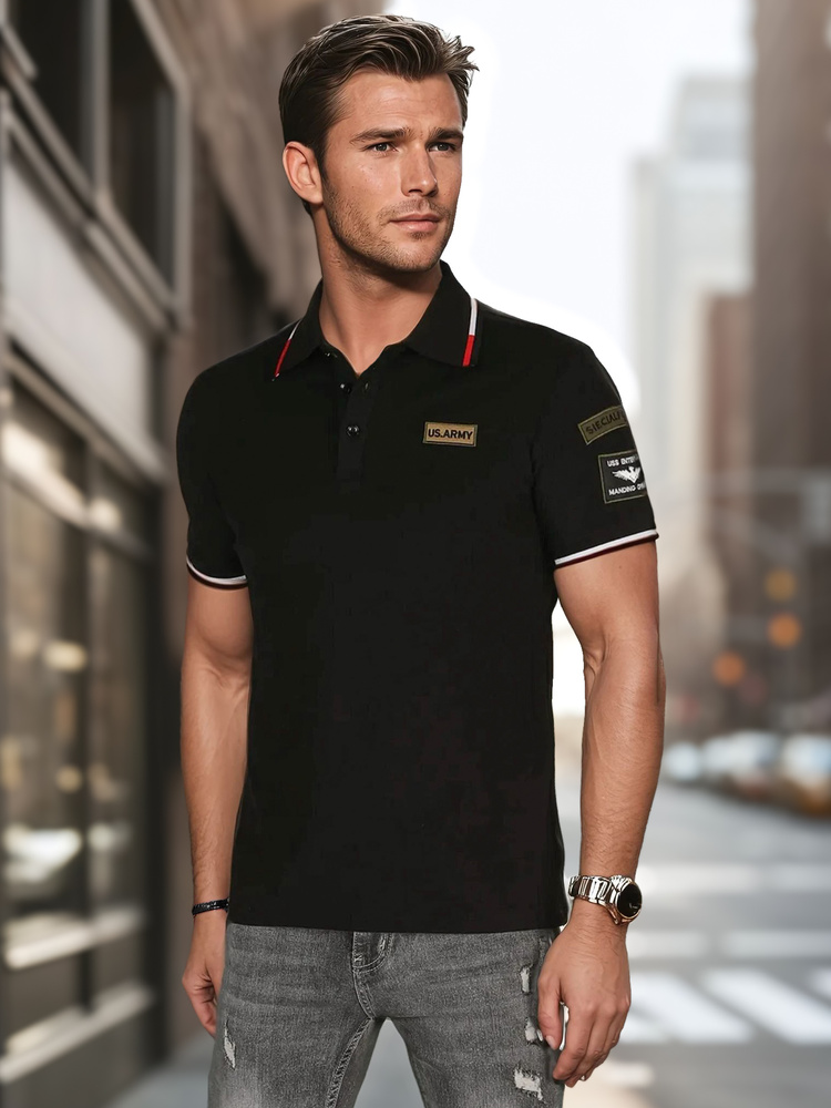 Koszulka męska polo z naszywkami czarna Dstreet