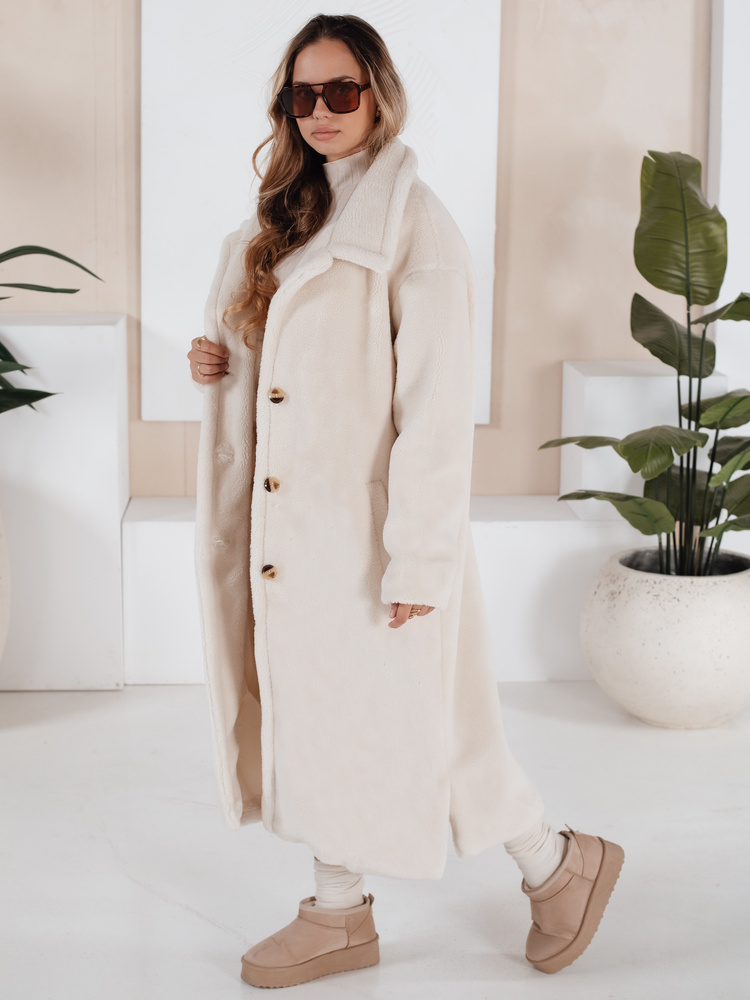 Płaszcz zimowy damski teddy futrzany długi kremowy Dstreet