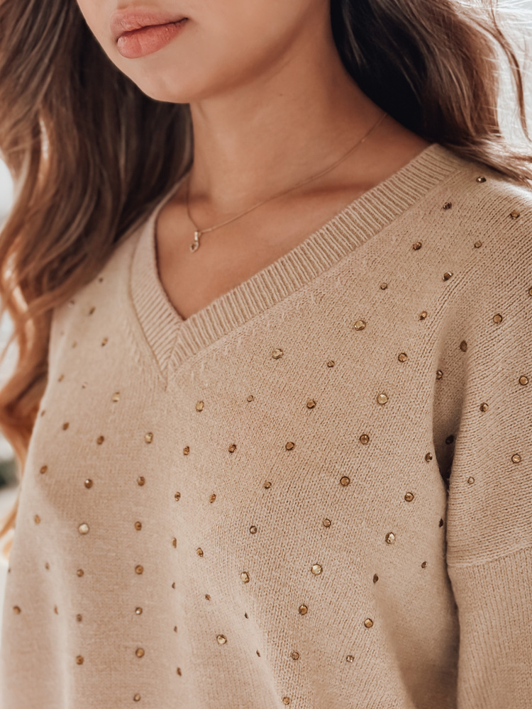 Pulover cu decolteu în V, culoarea cămilă