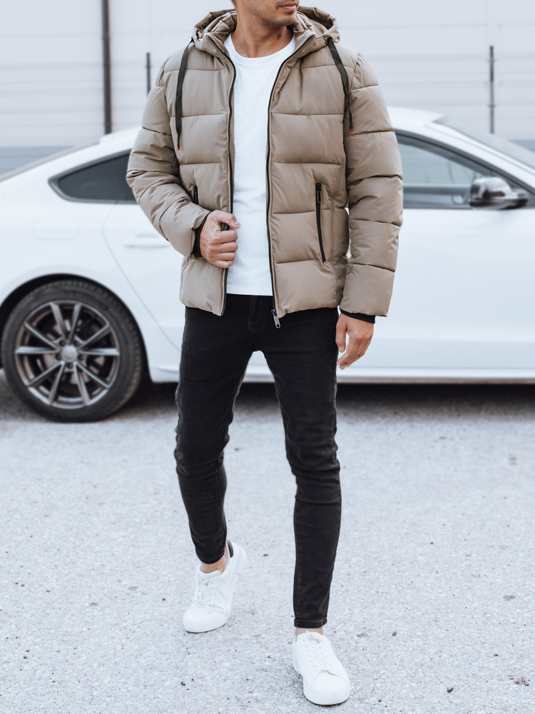 Kurtka męska zimowa pikowana z kapturem beżowa Dstreet