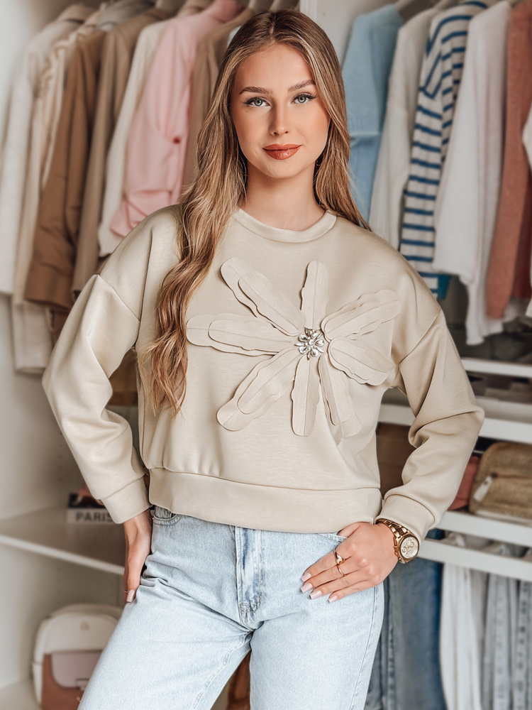 Bluza damska oversize z kwiatem PETITKA jasnobeżowa Dstreet