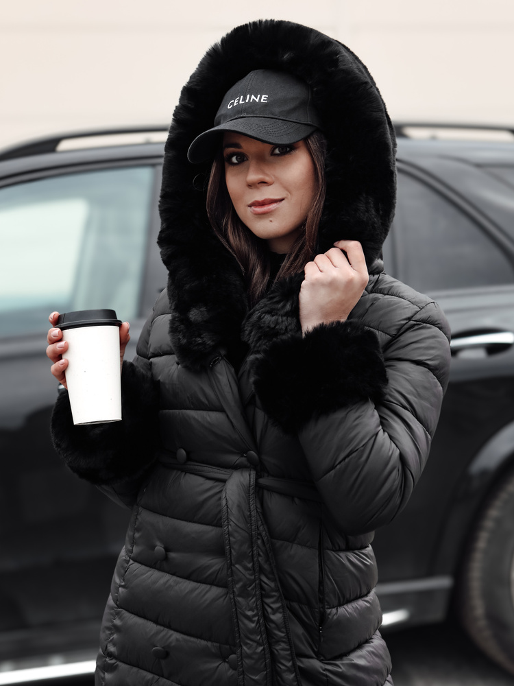 Geacă lungă de iarnă neagră pentru femei ZAELEGANTE