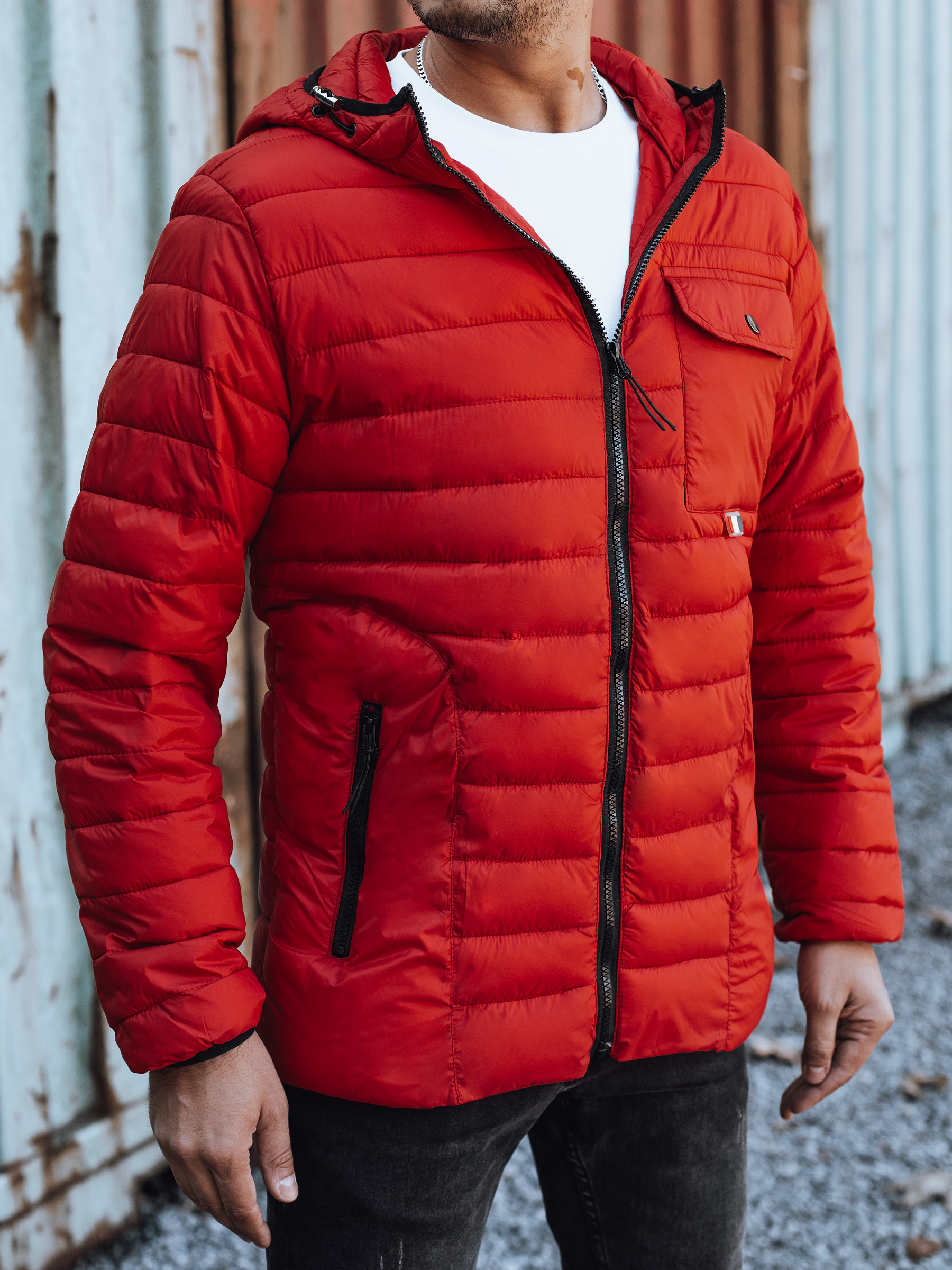 Men's red quilted jacket with hood Dstreet