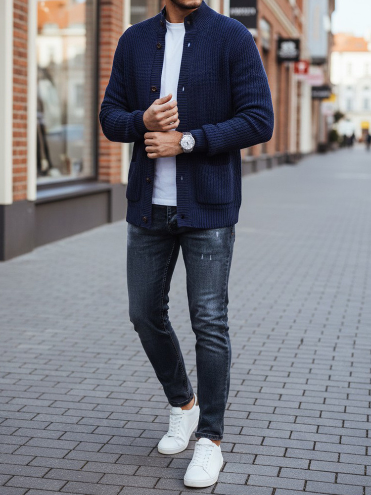 Pulover albastru cu nasturi pentru bărbați