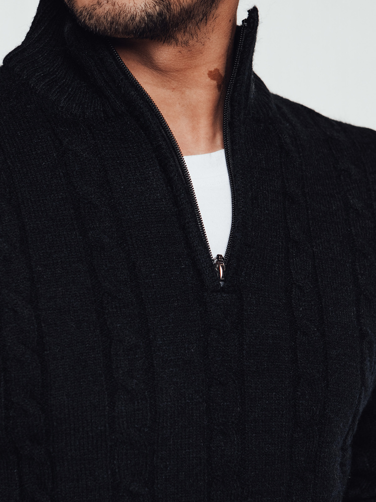 Sweter męski z rozpinanym kołnierzem czarny Dstreet