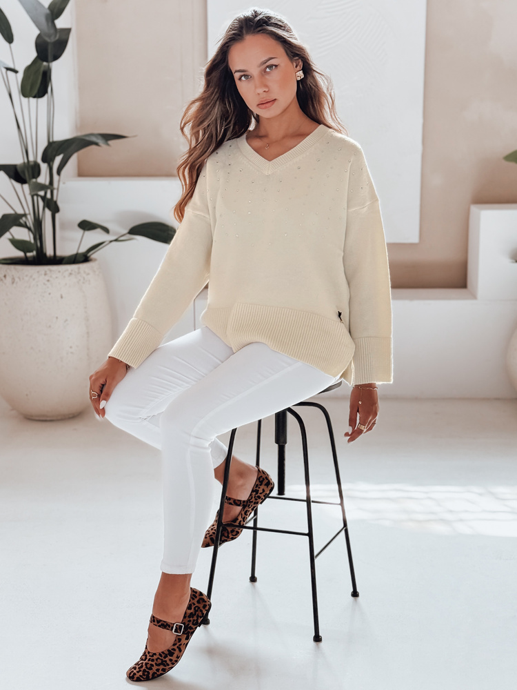 Pulover cu decolteu în V pentru femei VERALIA ecru