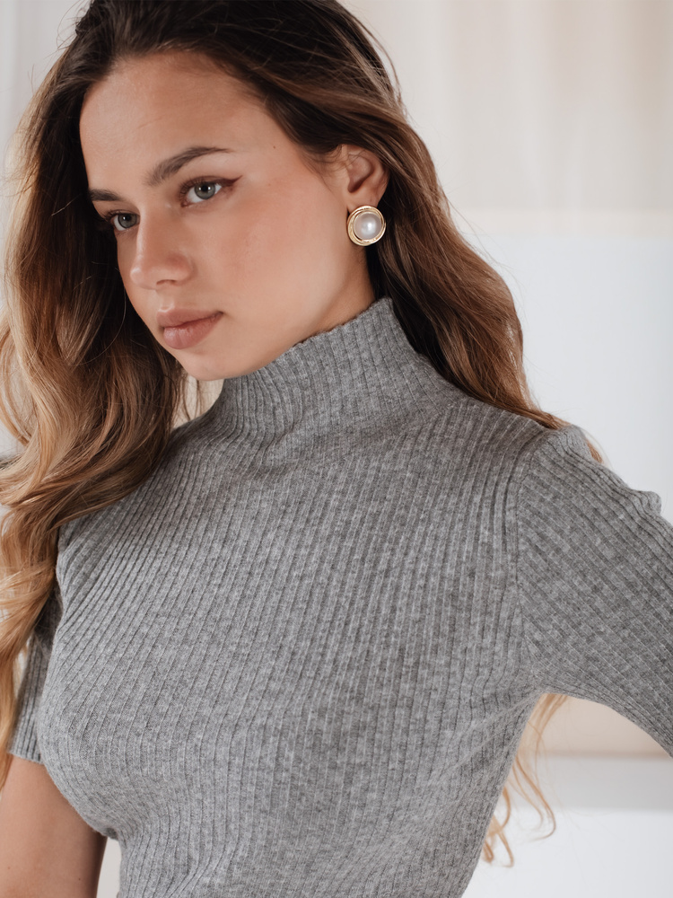 Damski sweter prążkowany z krótkim rękawem GIRLGLORY szary Dstreet