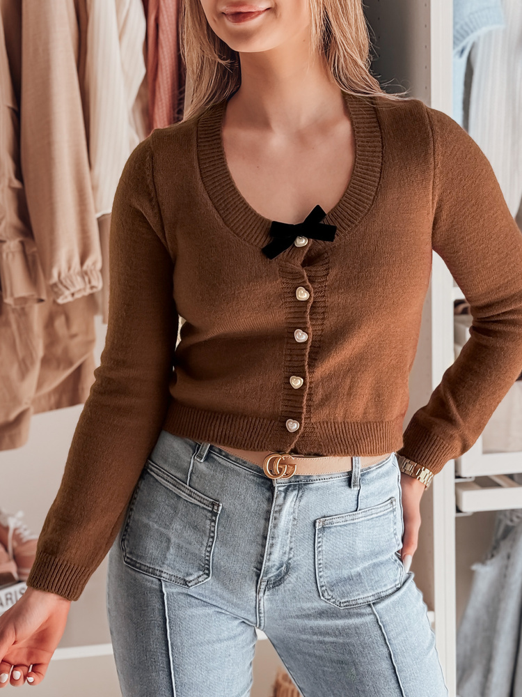 Sweter damskie krótki one size z kokardką LAMURE brązowy Dstreet