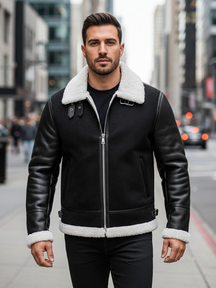 Geacă de piele bărbătească cu blană albă