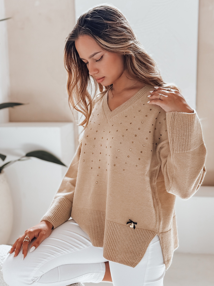 Pulover cu decolteu în V, culoarea cămilă