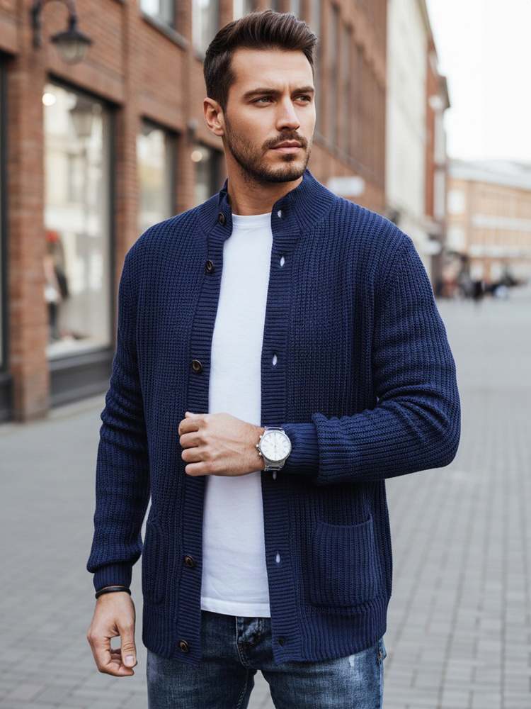 Pulover albastru cu nasturi pentru bărbați