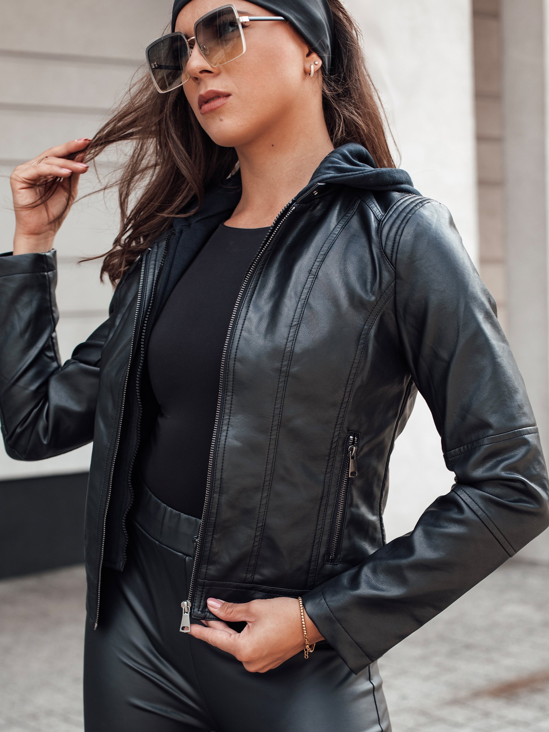 Women's Leather Jacket With Hood REBELLO Black Dstreet