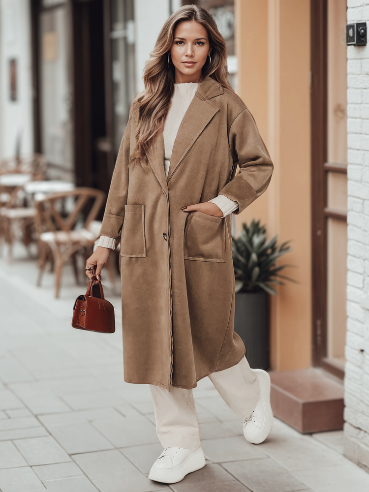 Płaszcz damski oversize AVELINNI długi w jodełkę beżowy Dstreet