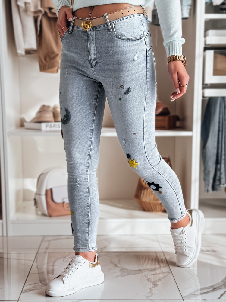 Spodnie damskie jeasnowe skinny z haftem MOONAIR niebieskie Dstreet