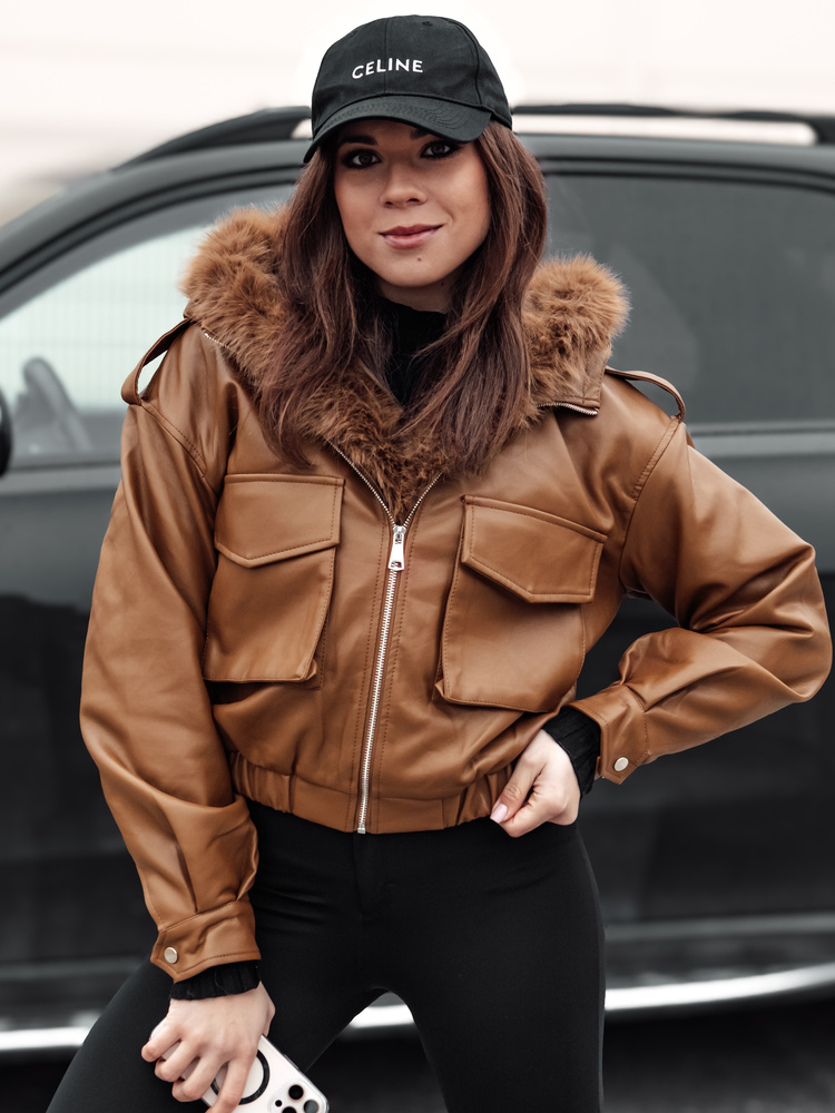 Geacă de piele pentru femei cu glugă și garnitură de blană