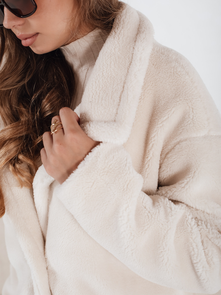 Płaszcz zimowy damski teddy futrzany długi kremowy Dstreet