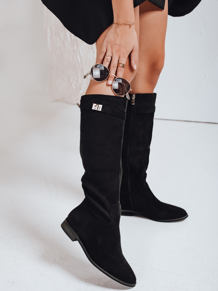 Kozaki damskie zamszowe na niskim obcasie czarne Dstreet