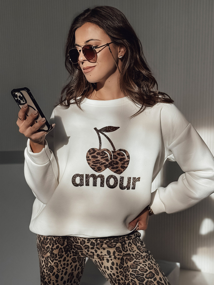 Bluza damska oversize CHERRILUXE z wisienkami kremowa Dstreet