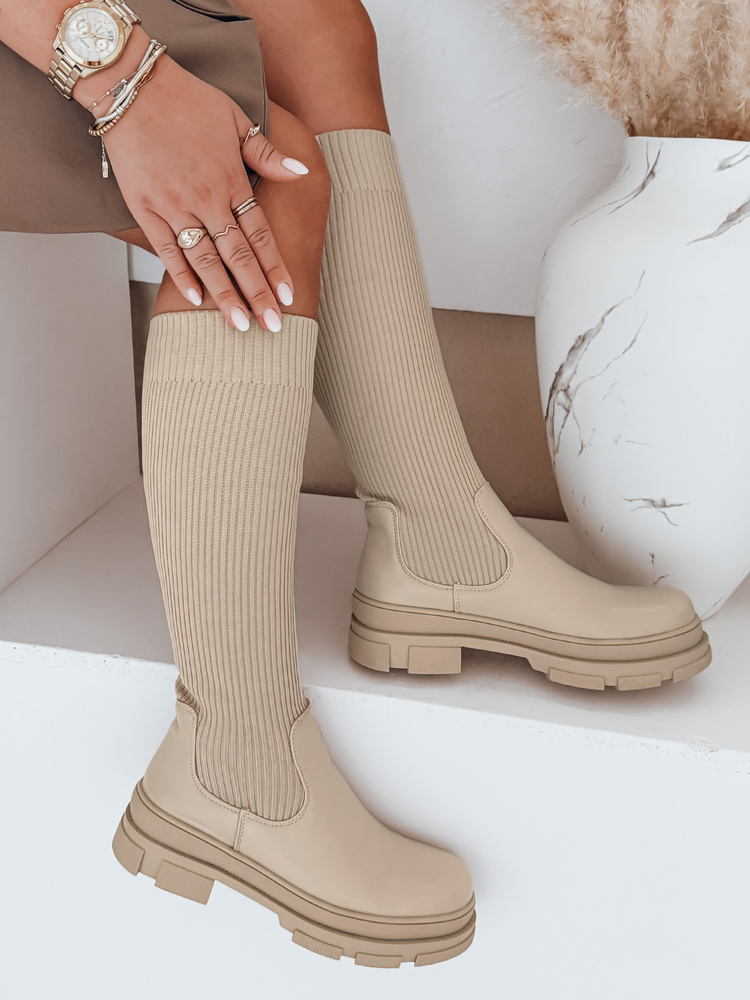 Kozaki damskie skarpetkowe beżowe Dstreet