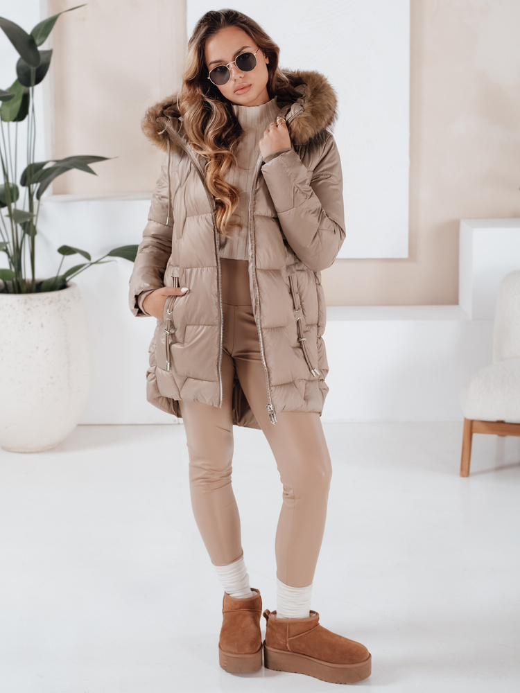 Kurtka damska zimowa NORINA pikowana z futerkiem kamelowa Dstreet