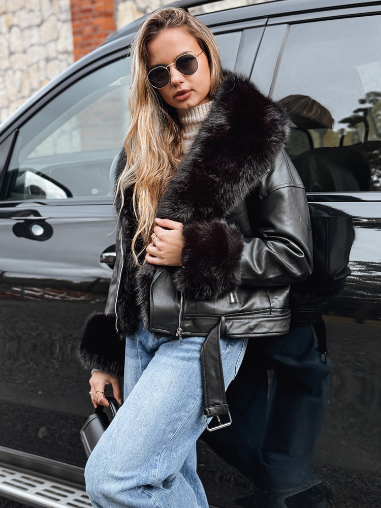 Dámska kožená bunda s kožušinovým lemom