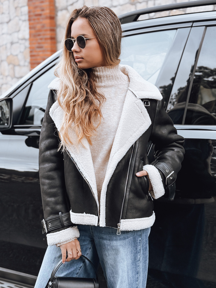 Дамско кожено яке с кожена яка