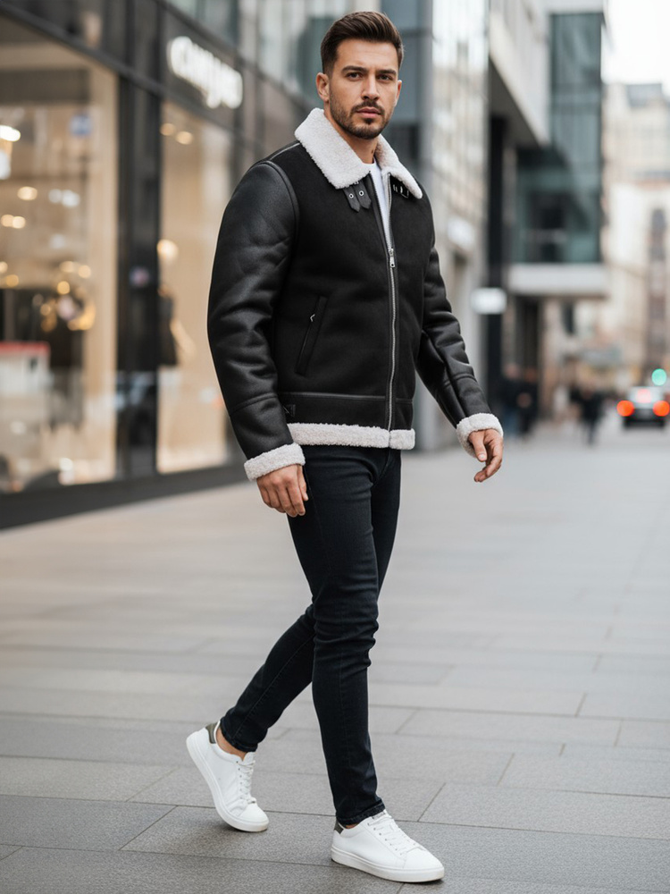 Geacă de piele bărbătească cu blană albă