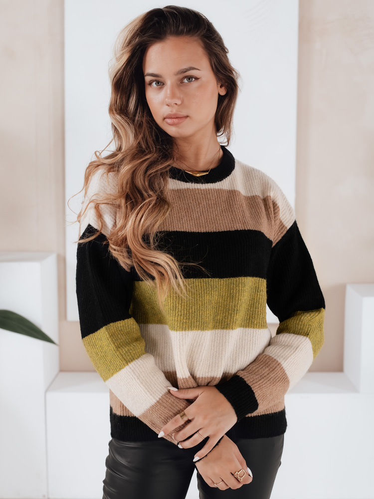 Damski sweter w paski CALVENA czarno-beżowy Dstreet