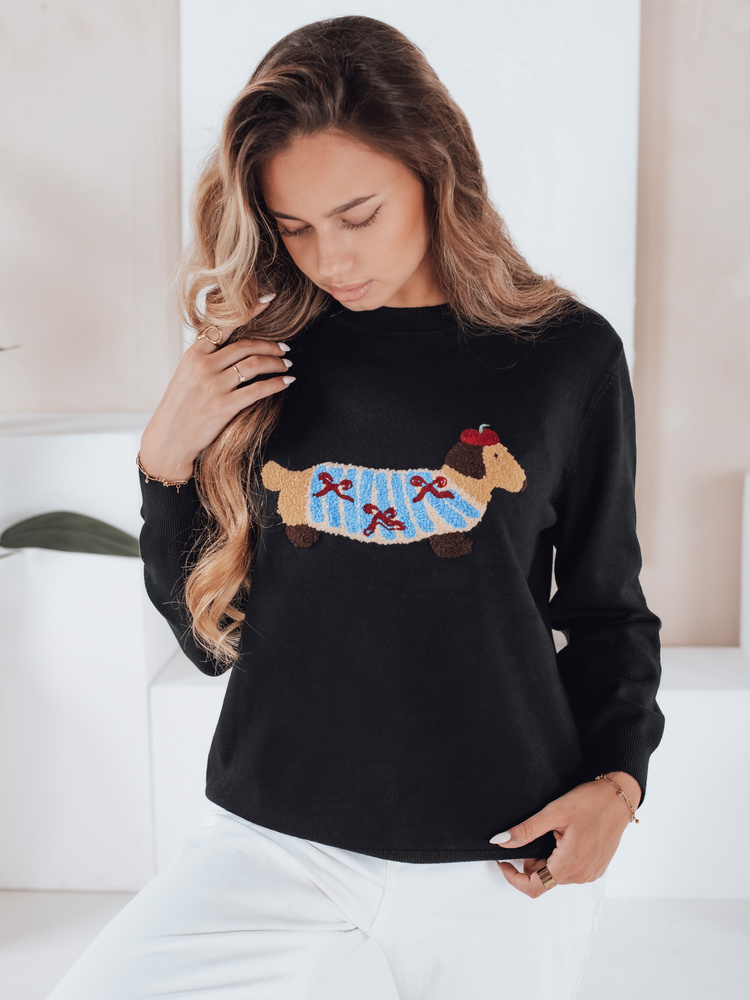 Damski sweter z aplikacją psa CHICPAWS czarny Dstreet