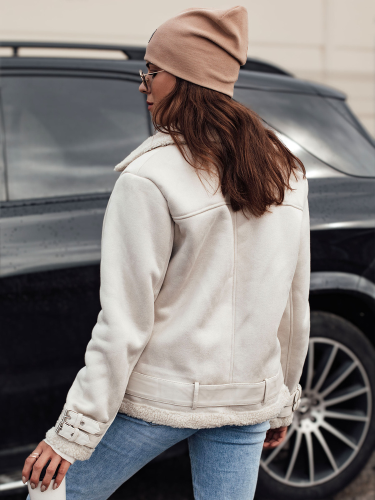 Jachetă de damă din piele întoarsă cu blană, albă