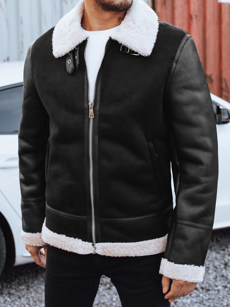 Pánska kožená bunda s bielym kožúškom