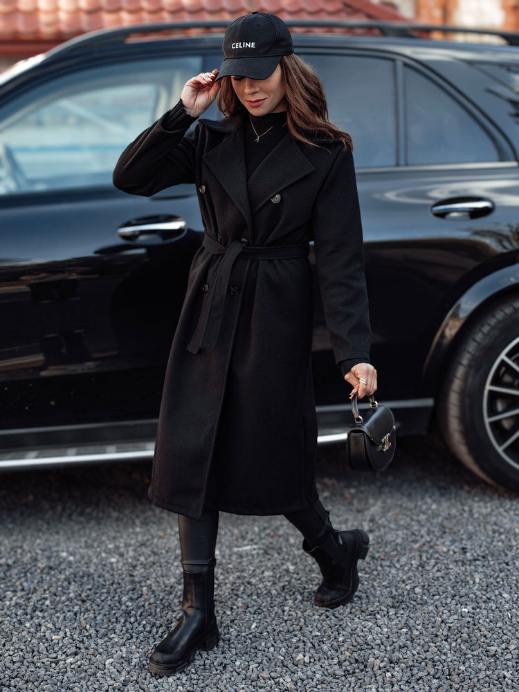 Płaszcz damski oversize CASHMELY długi drobno prążkowany czarny Dstreet