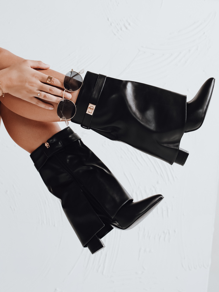 Botki damskie na słupku z cholewką czarne Dstreet