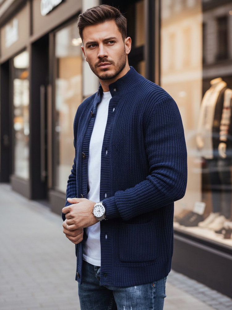 Pánsky modrý sveter na zapínanie