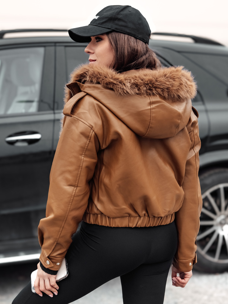 Geacă de piele pentru femei cu glugă și garnitură de blană