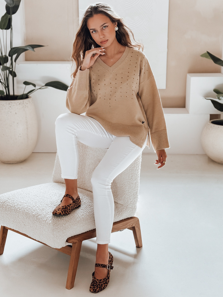 Pulover cu decolteu în V, culoarea cămilă