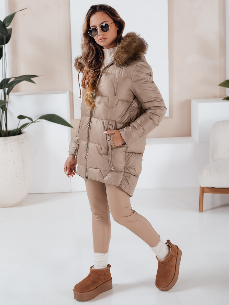 Kurtka damska zimowa NORINA pikowana z futerkiem kamelowa Dstreet