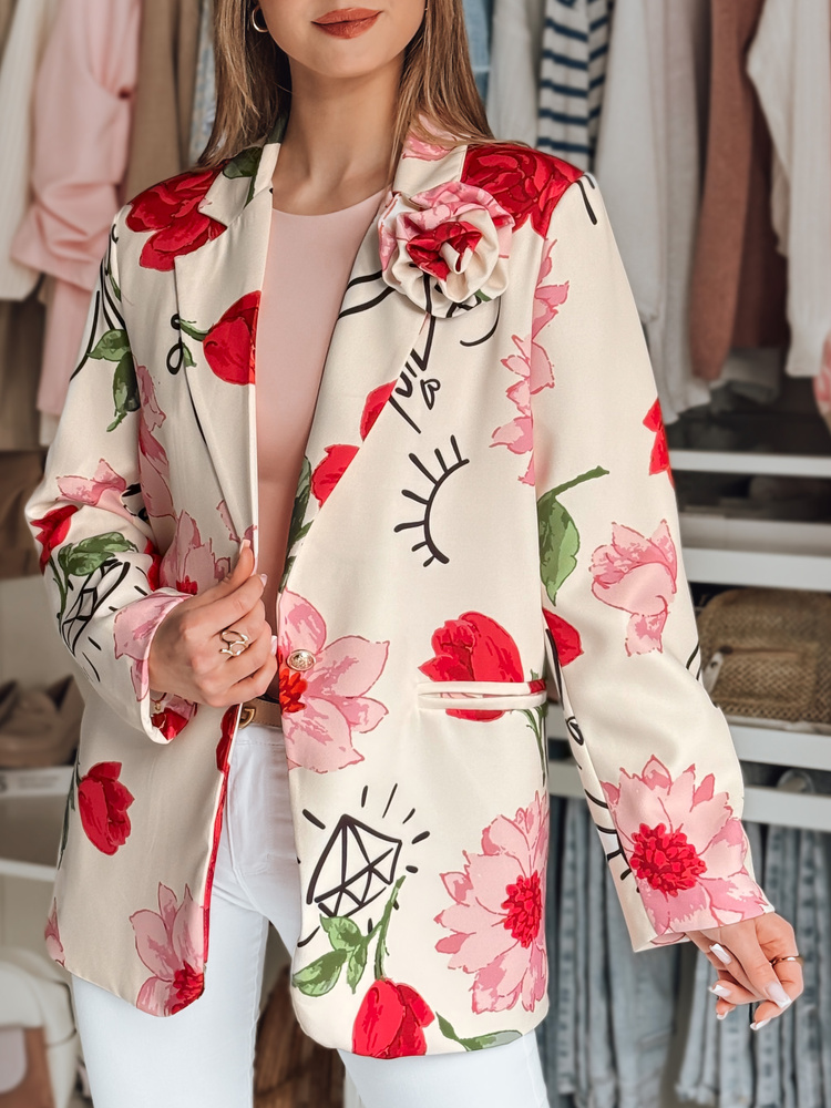 Marynarka damska one size oversize w kwiaty PETALISSA biała Dstreet