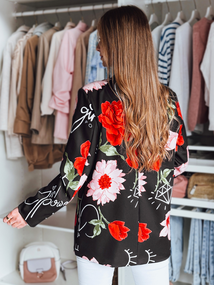 Marynarka damska one size oversize w kwiaty PETALISSA czarna Dstreet