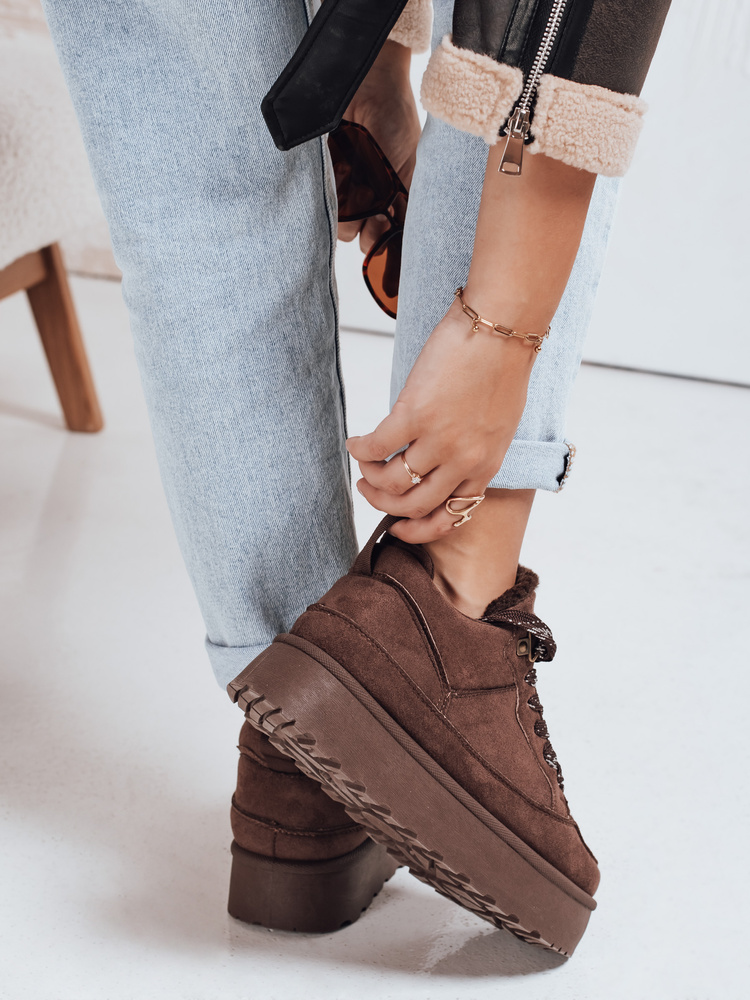 Sneakersy damskie z futerkiem na platformie brązowe Dstreet