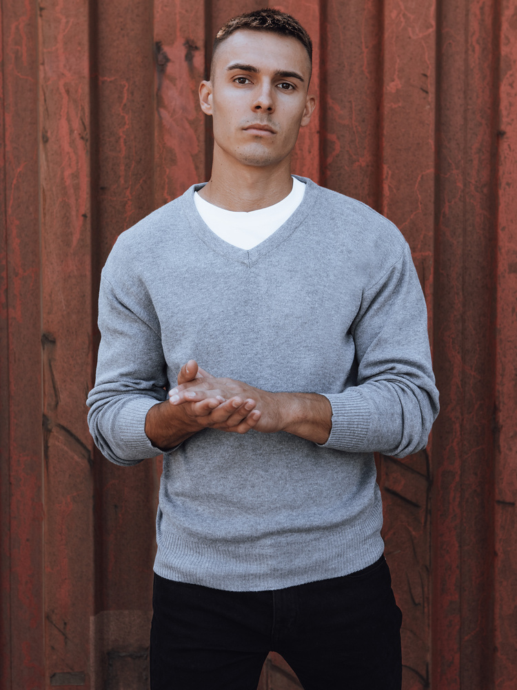 Sweter męski w serek jasnoszary Dstreet