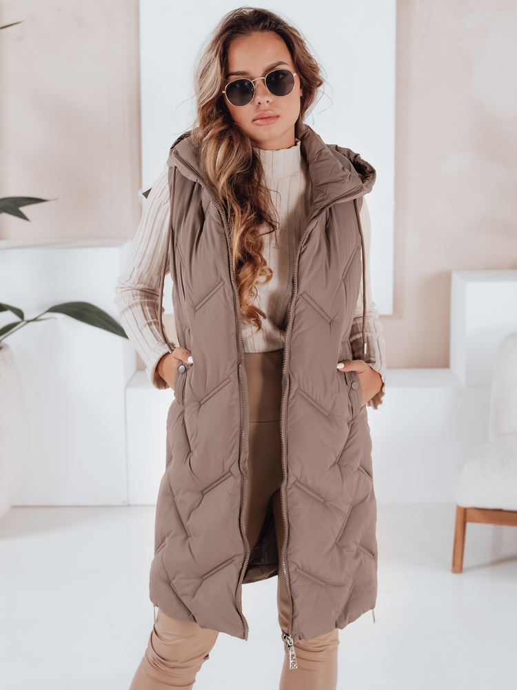 Дамски елек с качулка в цвят каки