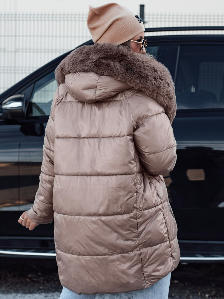 Kurtka damska zimowa FROSTYFIT pikowana z kapturem ciemnobeżowa Dstreet