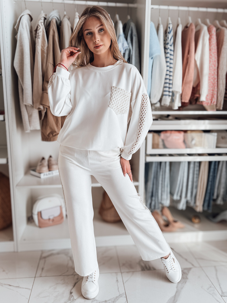 Spodnie damskie wide leg prążkowane LUXEEN ecru Dstreet