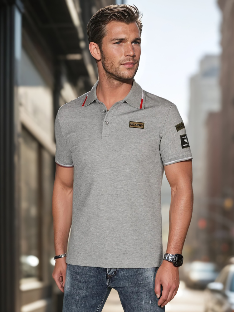 Koszulka męska polo z naszywkami szara Dstreet